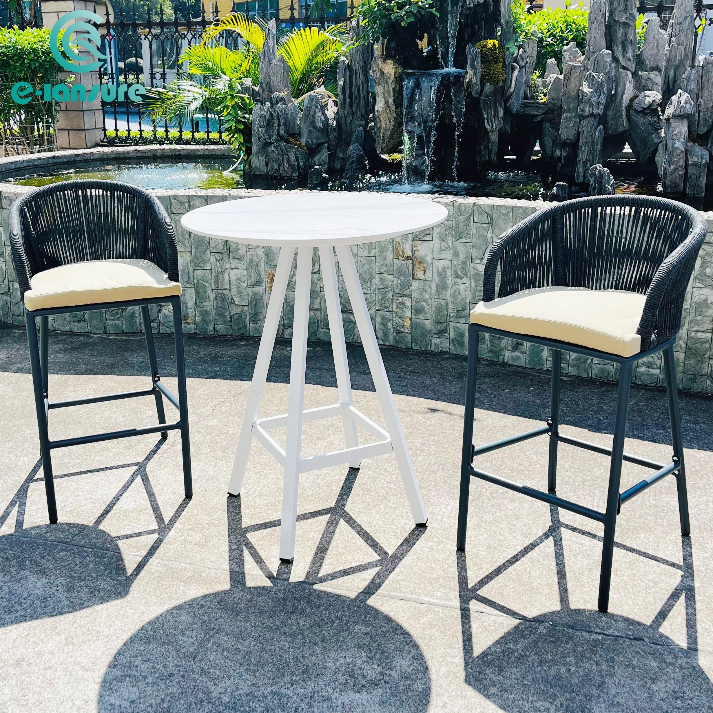 Commercial Restaurant Bar Height Outdoor Chairs Black Aluminum Rope Patio Bar stool with cushion