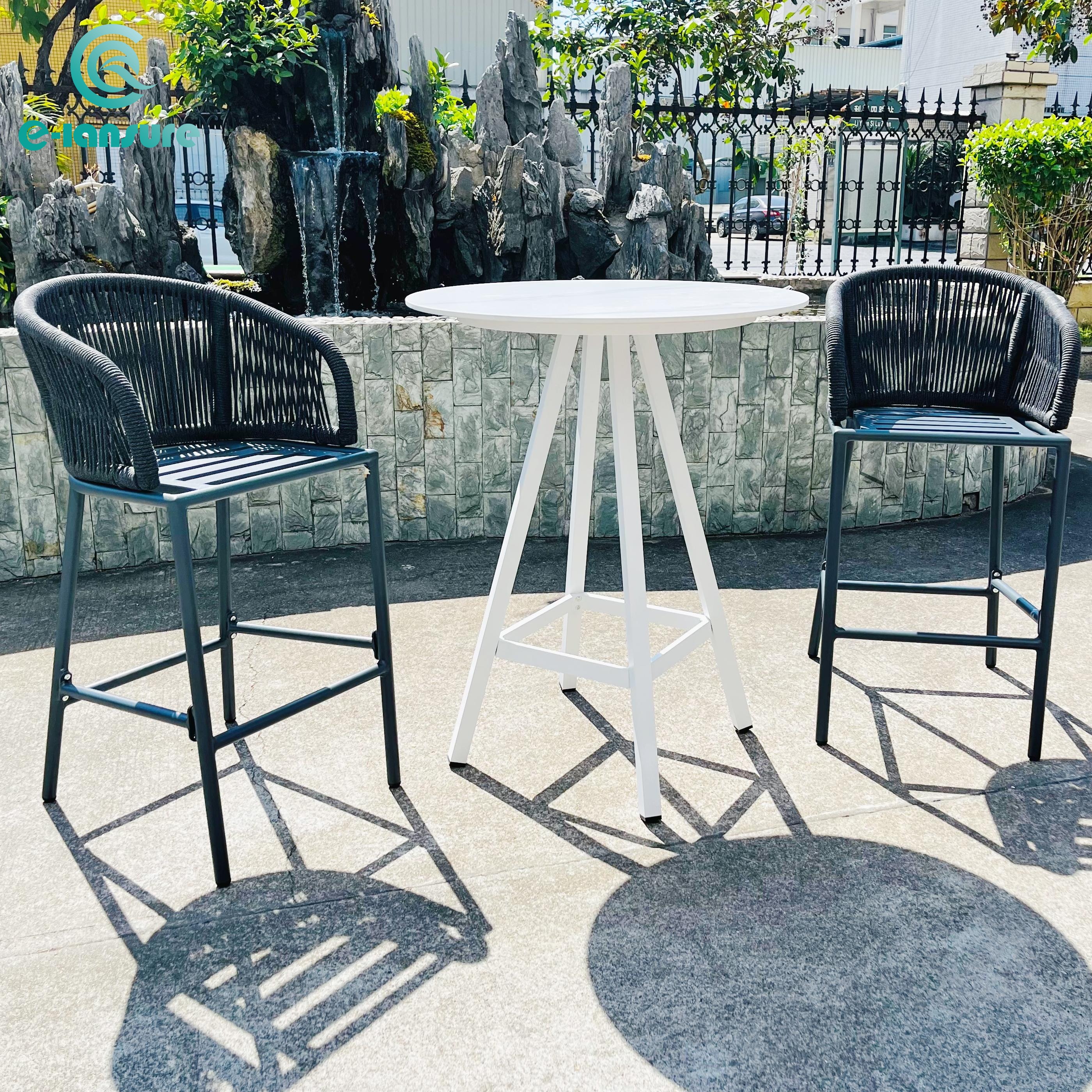 Commercial Restaurant Bar Height Outdoor Chairs Black Aluminum Rope Patio Bar stool with cushion