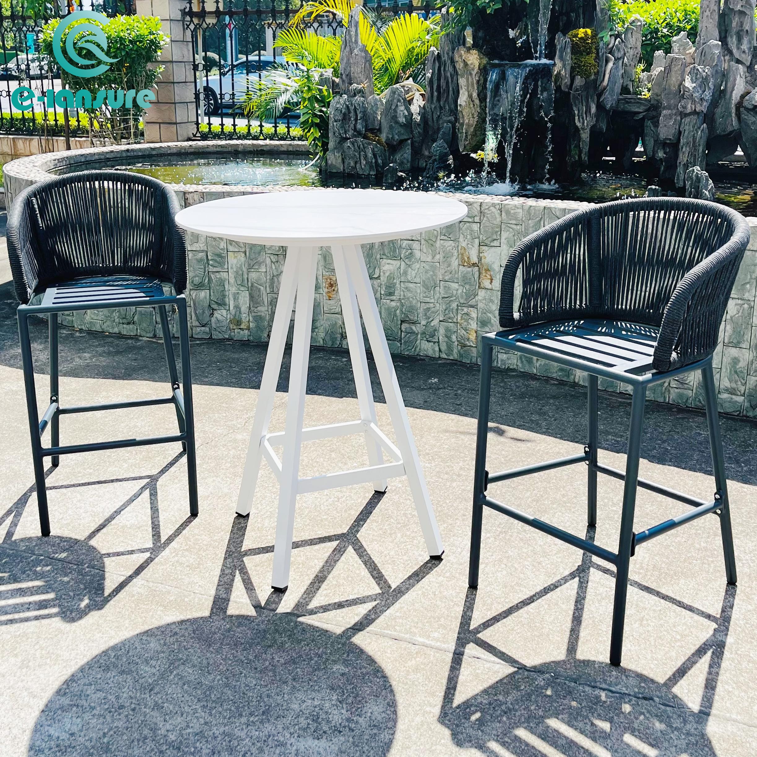 Commercial Restaurant Bar Height Outdoor Chairs Black Aluminum Rope Patio Bar stool with cushion