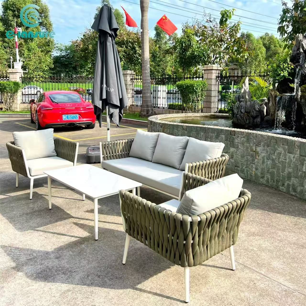 High Quality Outdoor Rope Furniture Modern Leisure Aluminum Braided Villa Pool Side Sofa With Rectangle Table