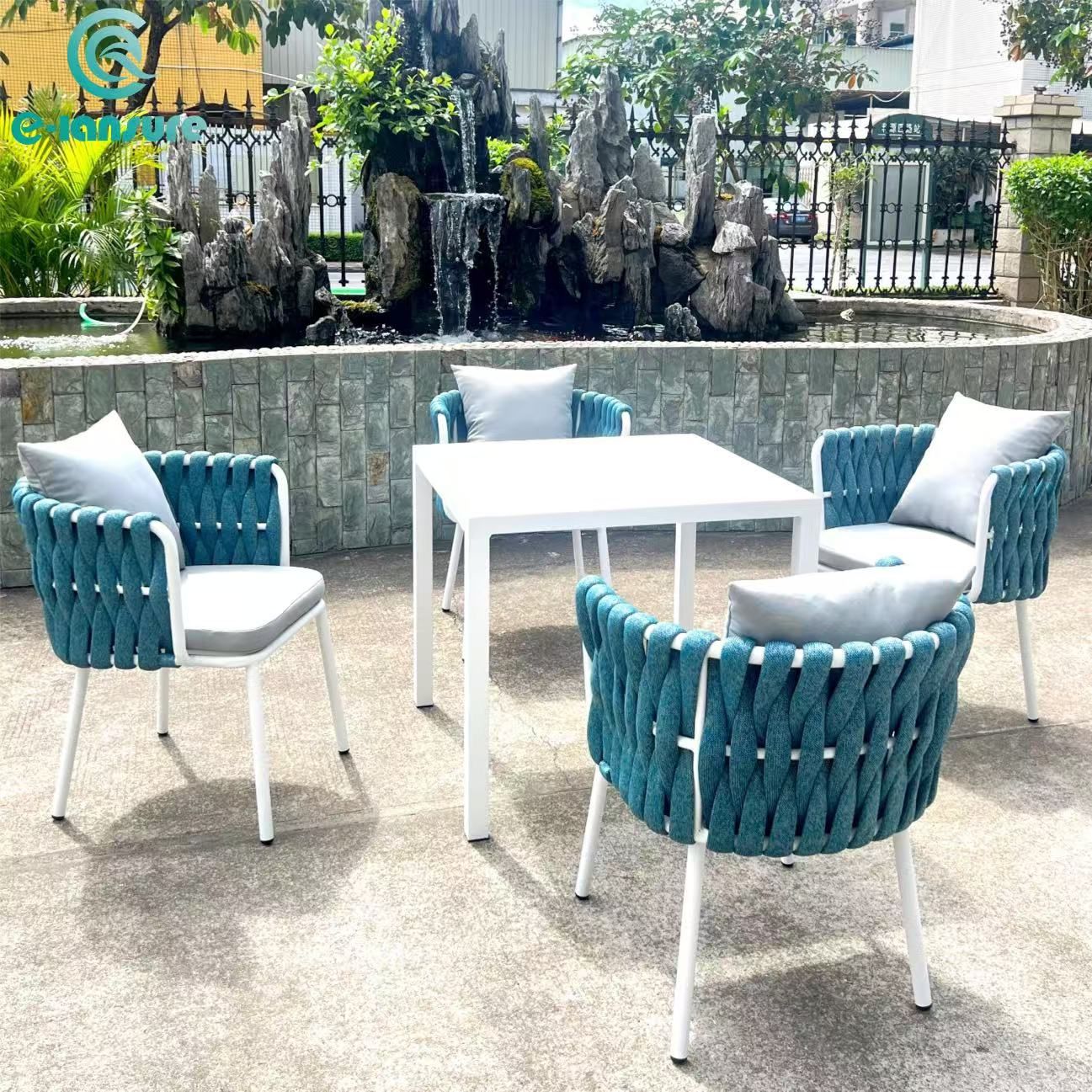 Best Selling Outdoor Grey Rope Furniture set Waterproof Garden Dinning Set Modern Table and Chairs With Cushion