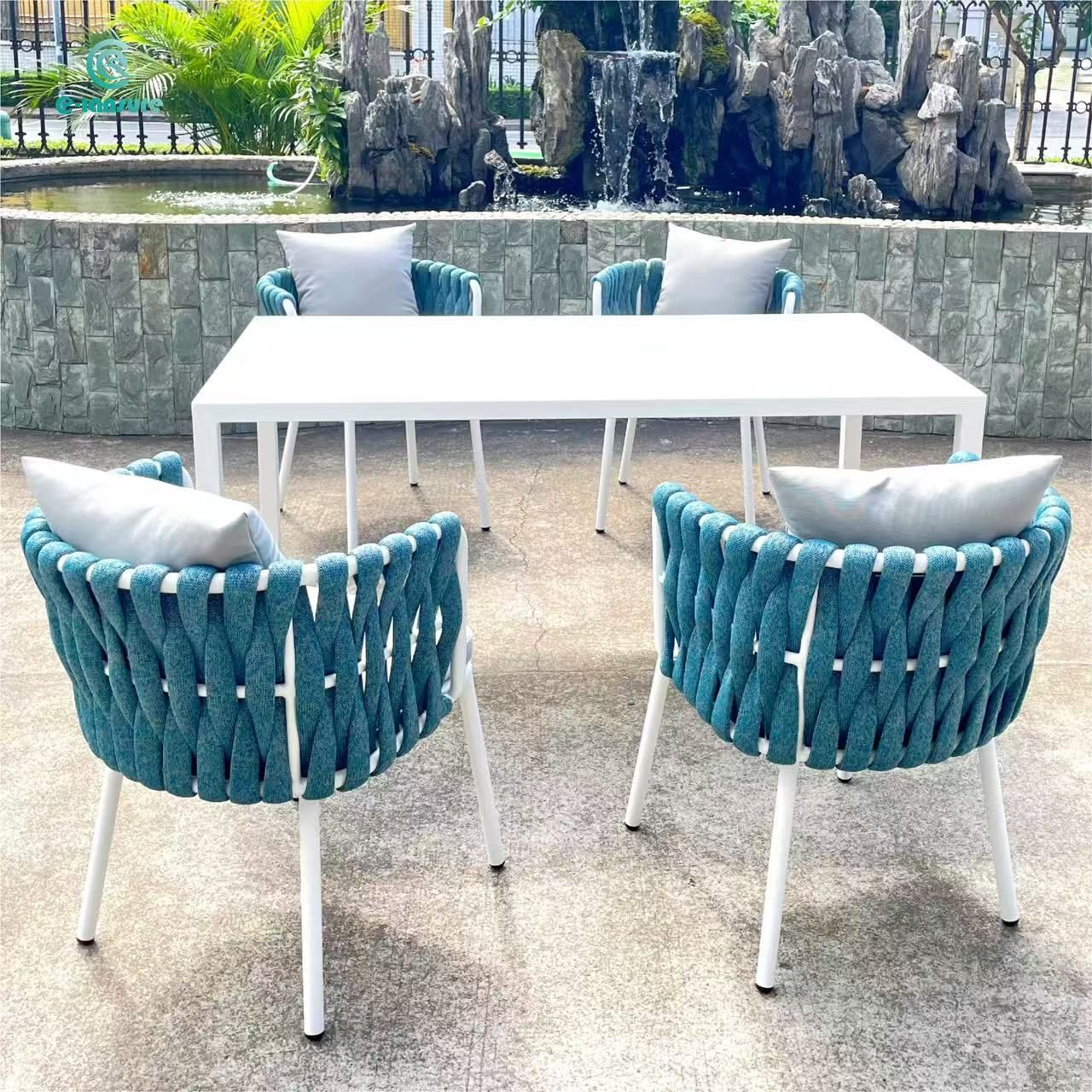 Best Selling Outdoor Grey Rope Furniture set Waterproof Garden Dinning Set Modern Table and Chairs With Cushion