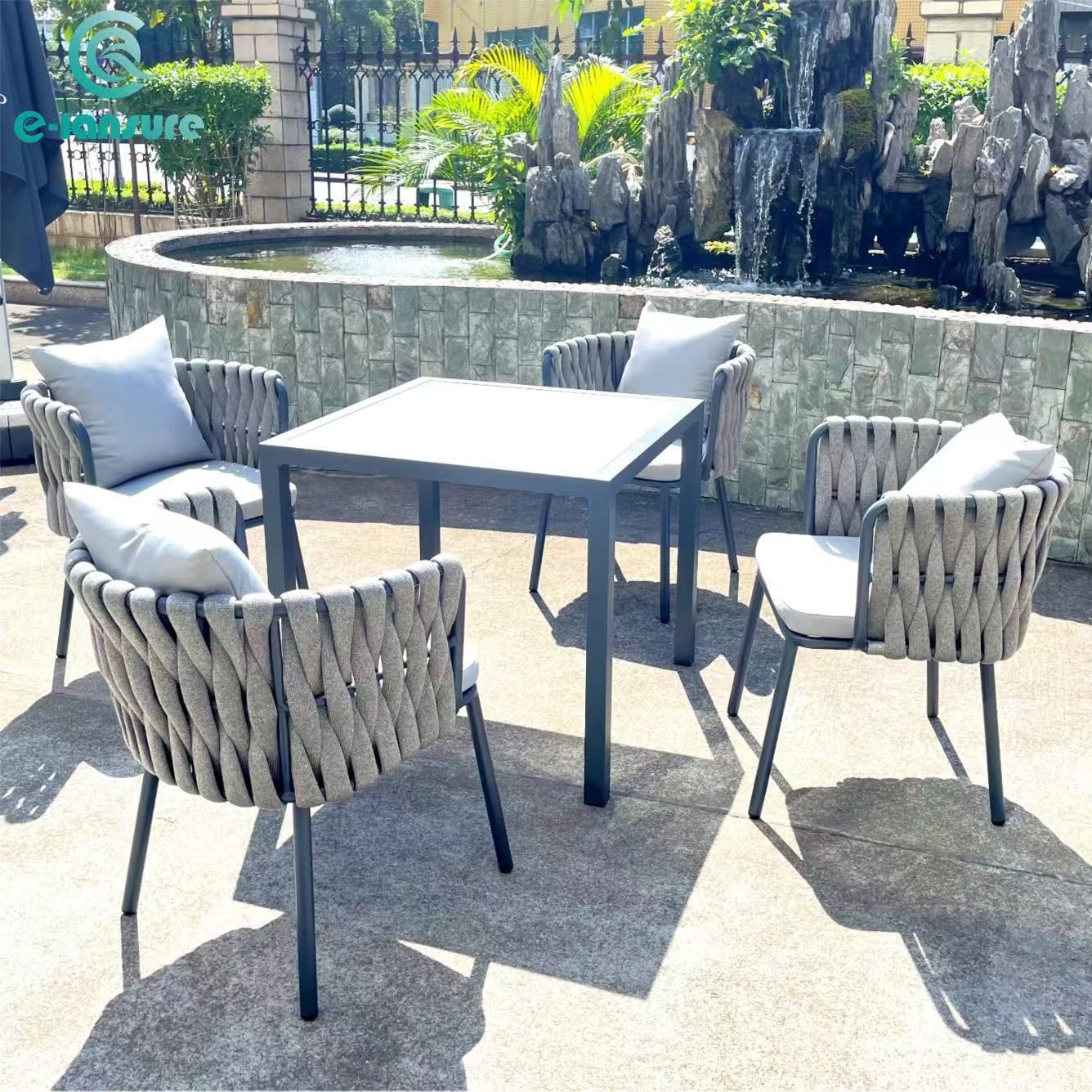 Best Selling Outdoor Grey Rope Furniture set Waterproof Garden Dinning Set Modern Table and Chairs With Cushion