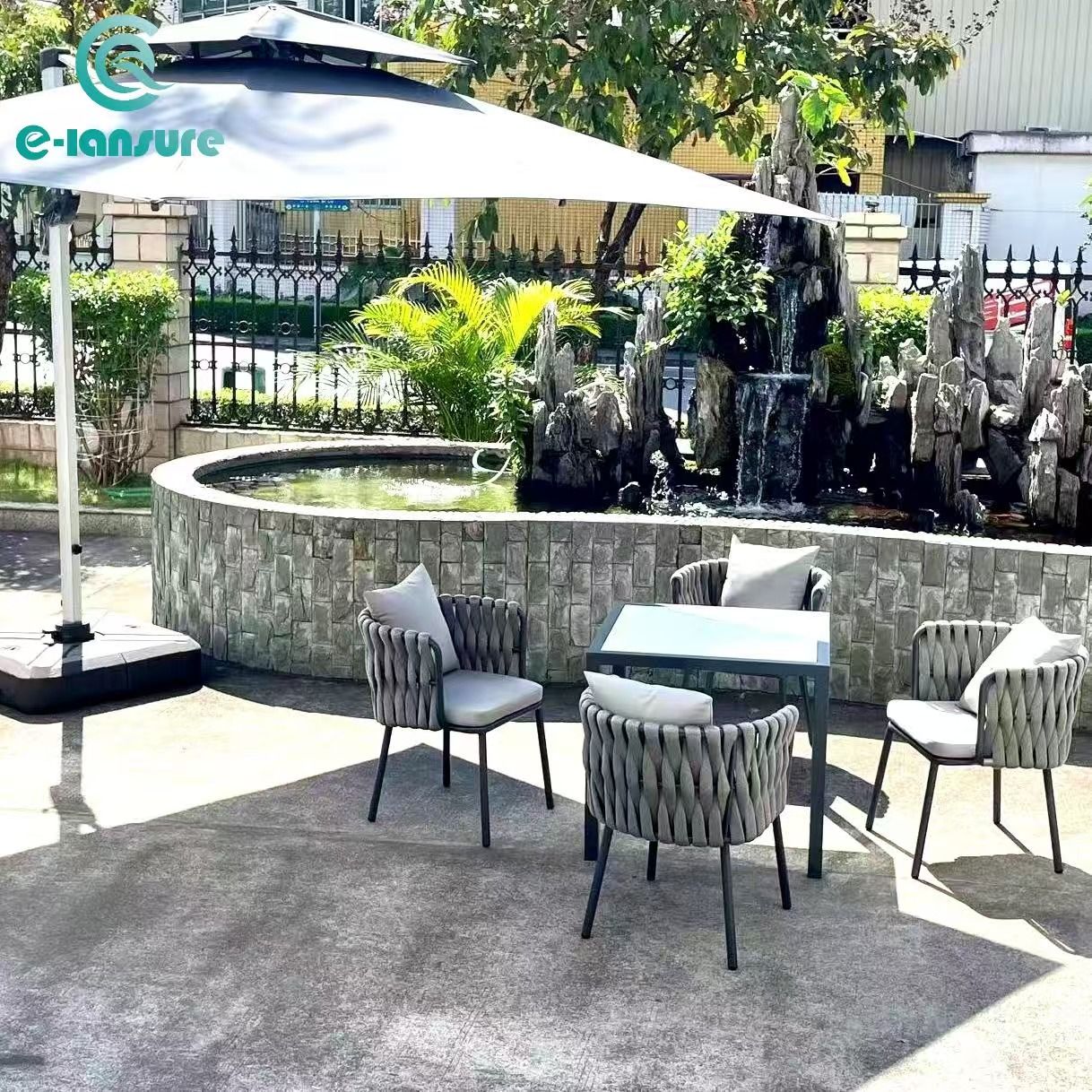 Best Selling Outdoor Grey Rope Furniture set Waterproof Garden Dinning Set Modern Table and Chairs With Cushion