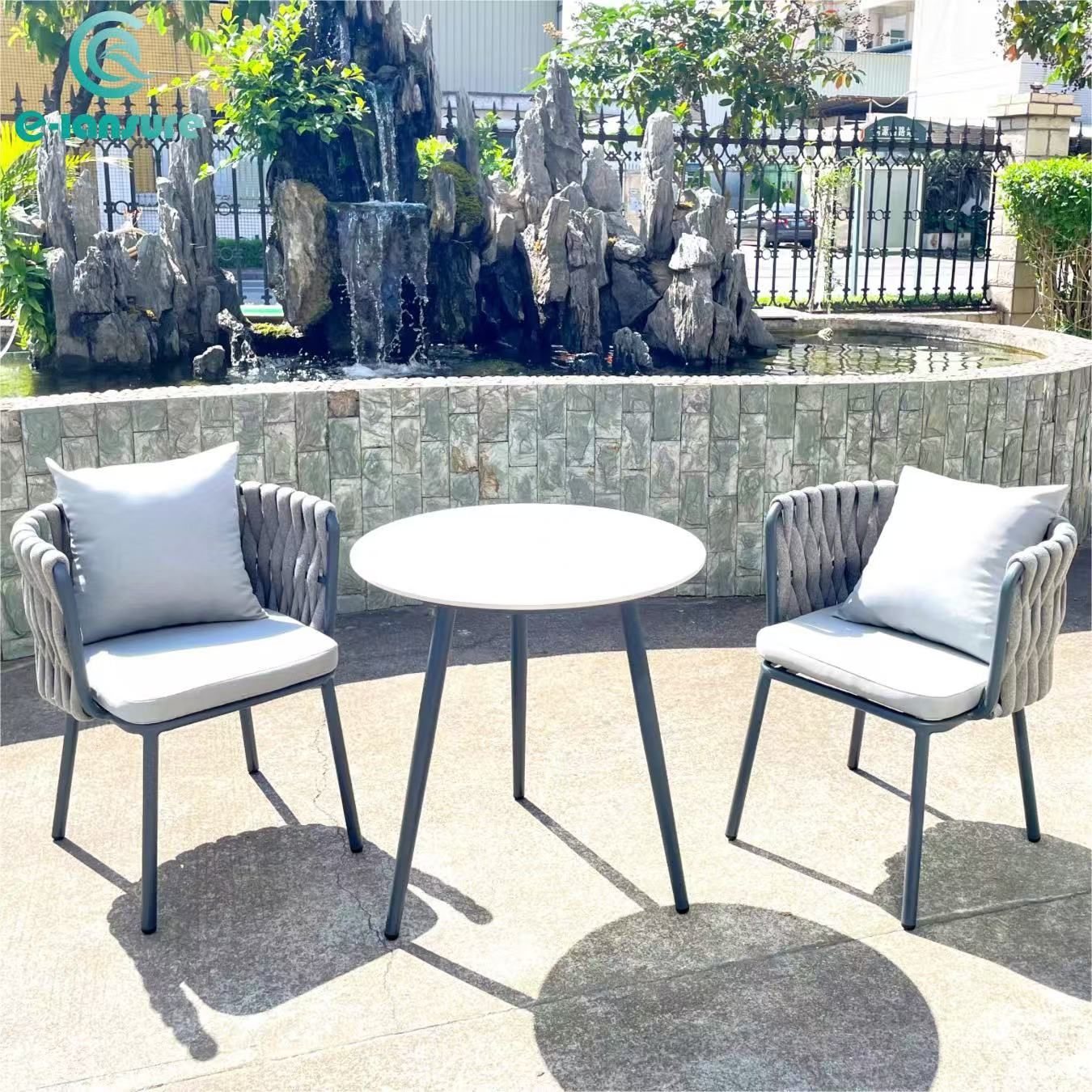 Best Selling Outdoor Grey Rope Furniture set Waterproof Garden Dinning Set Modern Table and Chairs With Cushion