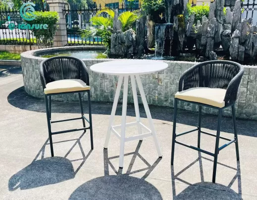 Commercial Restaurant Bar Height Outdoor Chairs Black Aluminum Rope Patio Bar stool with cushion